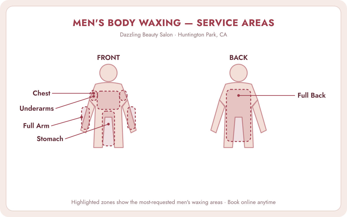 Body Waxing for Men 2 Illustration guide for Dazzling Beauty Salon showing men's body waxing service areas including back, chest, arms, and underarms.