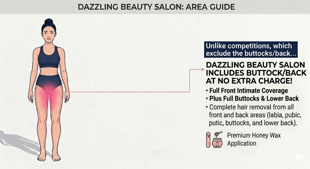 Brazilian Waxing in Huntington Park, CA 2 Professional illustration of a female figure from front and back perspectives, highlighting the Brazilian waxing service area in pink, indicating full front-to-back coverage including the buttocks and back at Dazzling Beauty Salon.