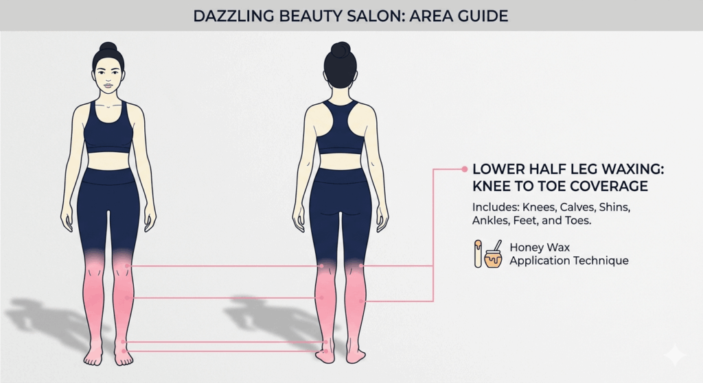 Lower Half Leg Waxing 2 Professional vector illustration of a female figure highlighting the lower leg area (knees, calves, shins, and feet) as included in the Lower Half Leg Waxing service at Dazzling Beauty Salon.
