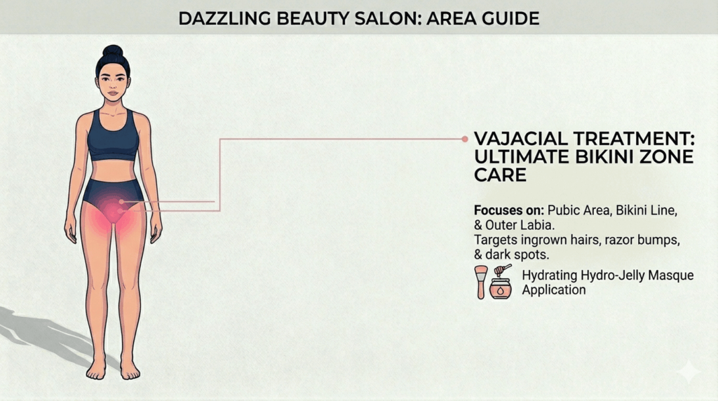 Vajacial 2 Vector diagram defining the precise service area for a Vajacial at Dazzling Beauty Salon, strictly highlighting the intimate bikini and labia region where the treatment is applied.