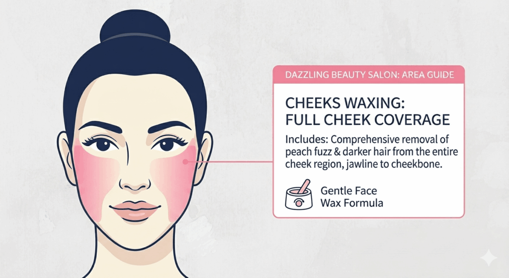 Cheeks Waxing 2 Vector diagram defining the precise service area for Cheeks Waxing at Dazzling Beauty Salon, highlighting the comprehensive full cheek zones to illustrate smooth hair removal.
