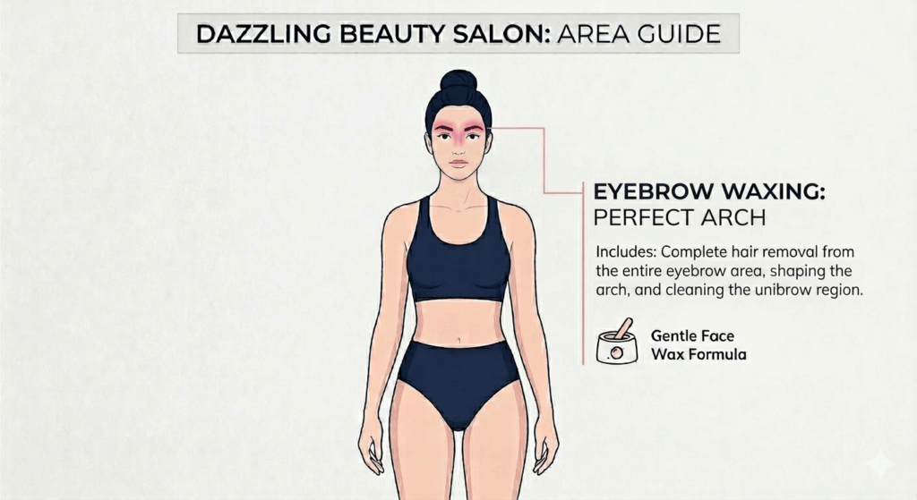 Eyebrows Waxing 2 Vector diagram defining the precise service area for Eyebrow Waxing at Dazzling Beauty Salon, highlighting the arch and unibrow region for a clean, professional finish.
