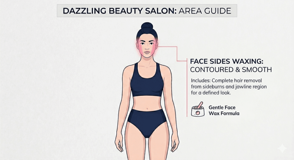 Face Sides Waxing 2 Vector diagram defining the precise service area for Face Sides Waxing at Dazzling Beauty Salon, highlighting the sideburns and jawline region for a contoured and smooth appearance.