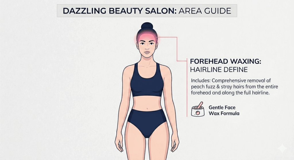 Forehead Waxing 2 Vector diagram defining the precise service area for Forehead Waxing at Dazzling Beauty Salon, highlighting the entire forehead region and hairline for smooth hair removal.