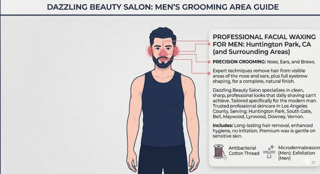 Face Waxing for Men 2 Illustration map for Dazzling Beauty Salon detailing the service areas for Men's Facial Waxing, including eyebrows, nose, and ears.