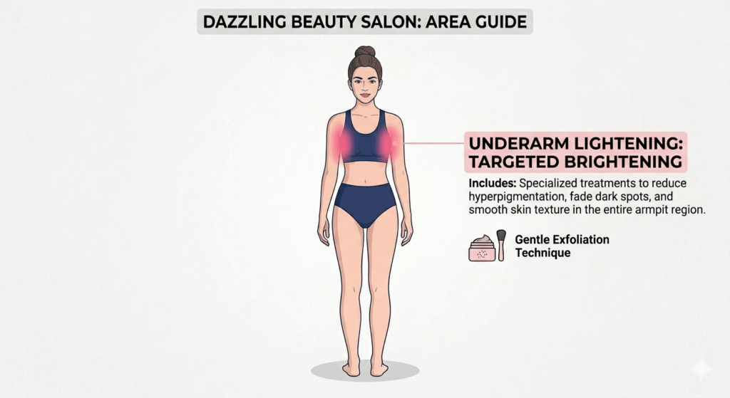 Underarm Lightening 2 Professional vector illustration of a front perspective female figure, highlighting the specific underarm regions in pink gradient to define the service area for the Underarm Lightening treatment at Dazzling Beauty Salon.